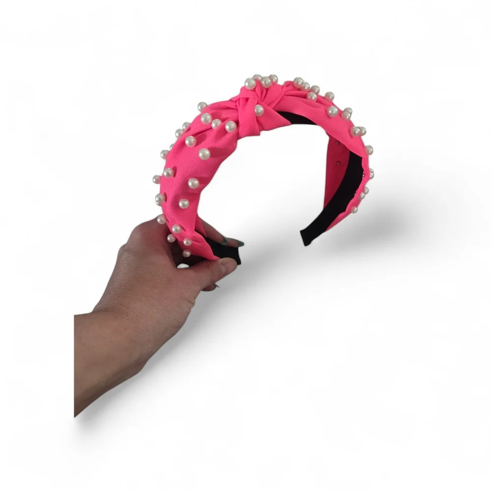 Pink Pearl-Embellished Knotted Headband